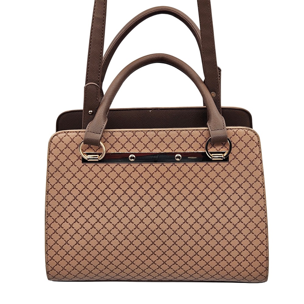 Crossi Brown Tan Geometric Lattice Satchel Double Compartment Crossbody Bag